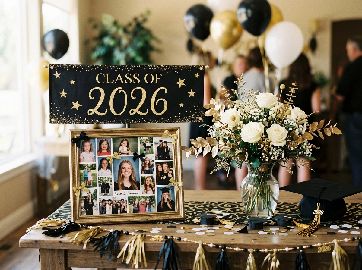 graduation party decor with Class of 2026 banner and photos