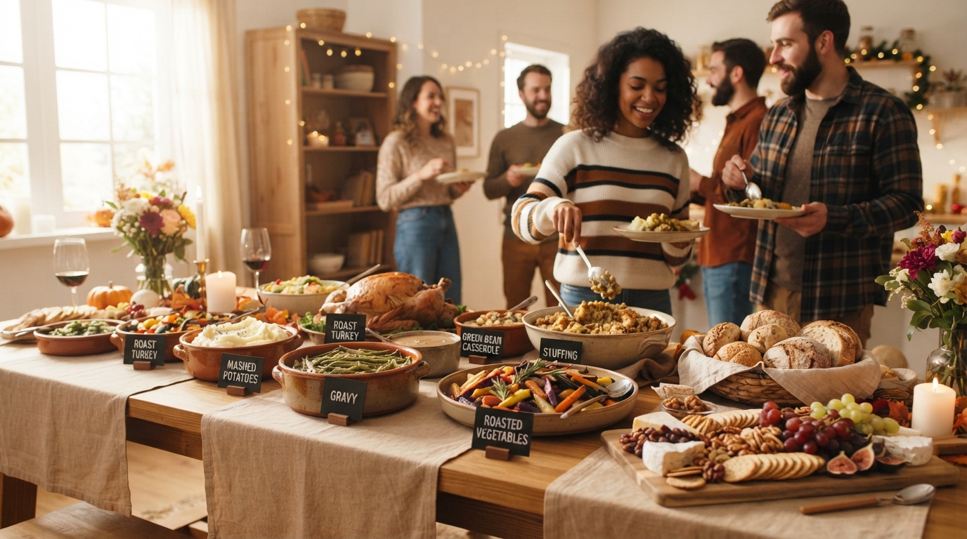 Friendsgiving potluck buffet setup