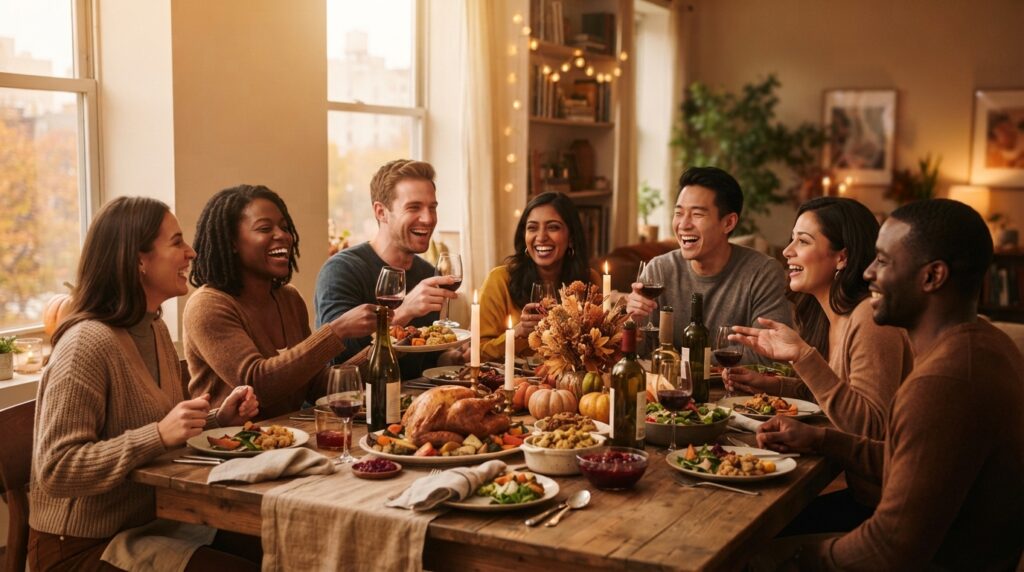 Friendsgiving potluck table with friends