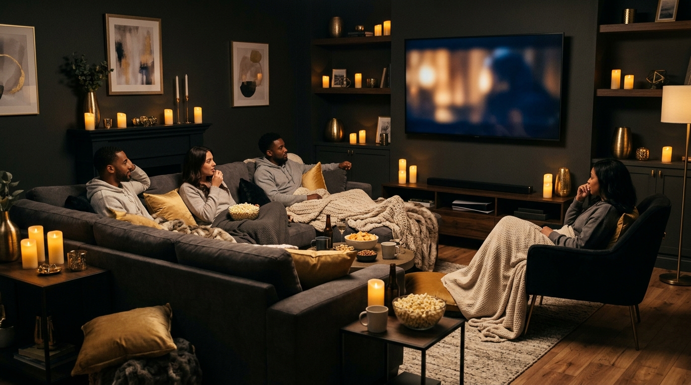 Gold and charcoal movie night decor